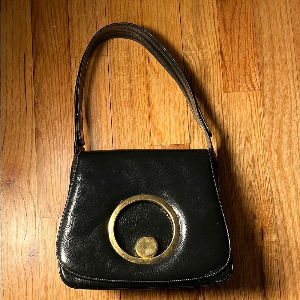 Vintage Chic Black (or dark navy) Shoulder Bag with Gold Ring Detail
